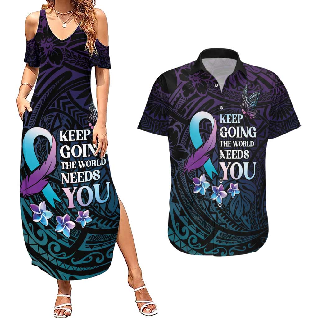 Polynesia Suicide Prevention Awareness Couples Matching Summer Maxi Dress and Hawaiian Shirt Keep Going The World Needs You LT05 Purple - Polynesian Pride