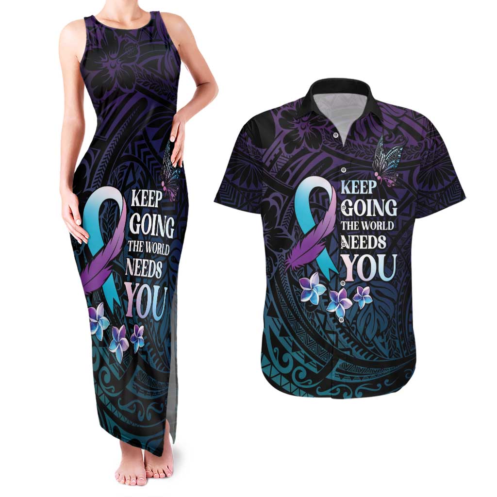 Polynesia Suicide Prevention Awareness Couples Matching Tank Maxi Dress and Hawaiian Shirt Keep Going The World Needs You LT05 Purple - Polynesian Pride