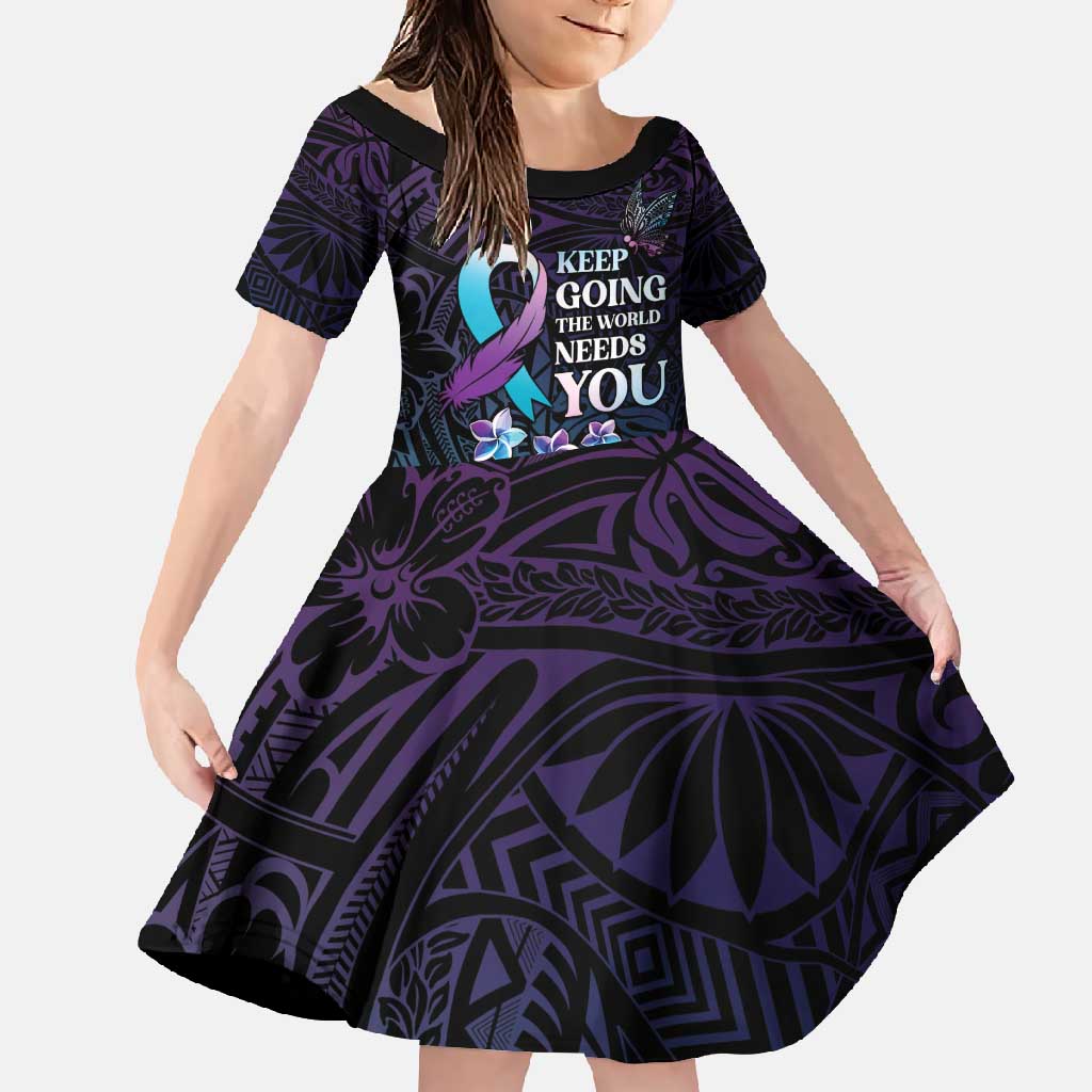 Polynesia Suicide Prevention Awareness Family Matching Long Sleeve Bodycon Dress and Hawaiian Shirt Keep Going The World Needs You LT05 Daughter's Dress Purple - Polynesian Pride