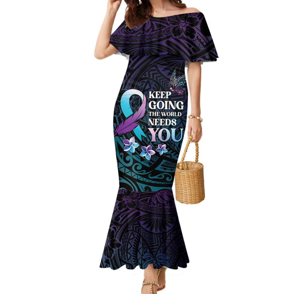 Polynesia Suicide Prevention Awareness Family Matching Mermaid Dress and Hawaiian Shirt Keep Going The World Needs You LT05 Mom's Dress Purple - Polynesian Pride