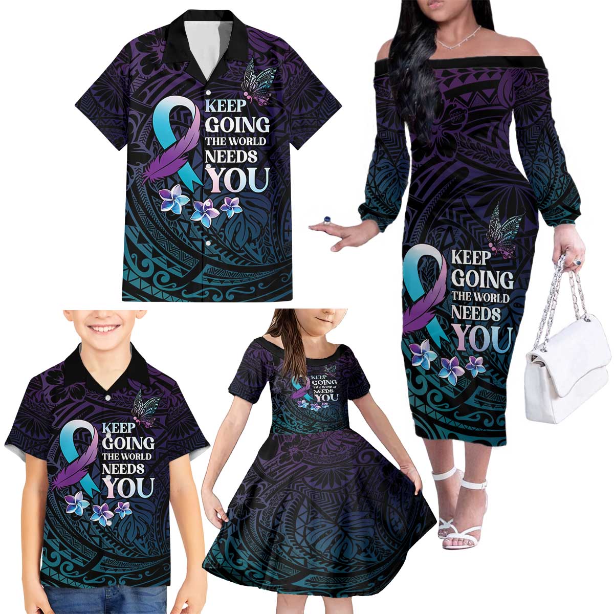 Polynesia Suicide Prevention Awareness Family Matching Off The Shoulder Long Sleeve Dress and Hawaiian Shirt Keep Going The World Needs You