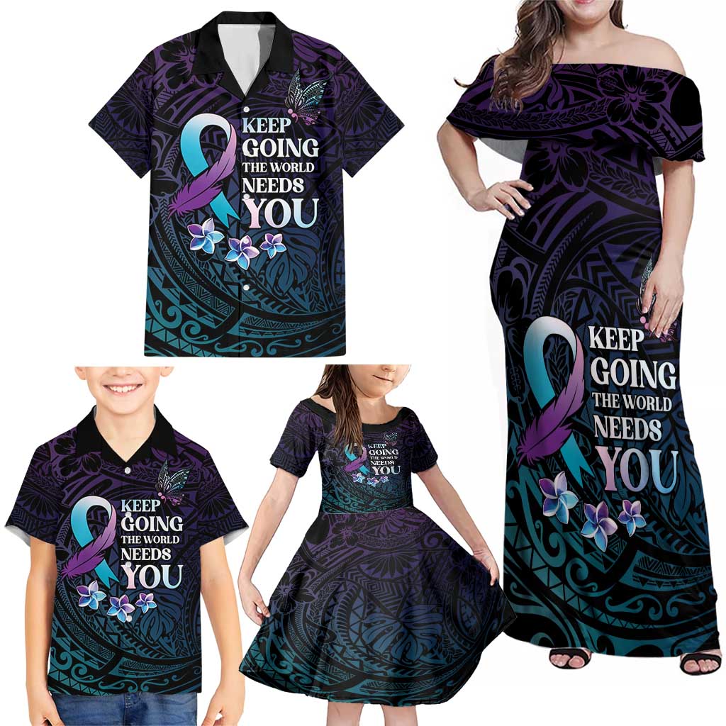 Polynesia Suicide Prevention Awareness Family Matching Off Shoulder Maxi Dress and Hawaiian Shirt Keep Going The World Needs You LT05 - Polynesian Pride
