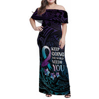 Polynesia Suicide Prevention Awareness Family Matching Off Shoulder Maxi Dress and Hawaiian Shirt Keep Going The World Needs You LT05 Mom's Dress Purple - Polynesian Pride