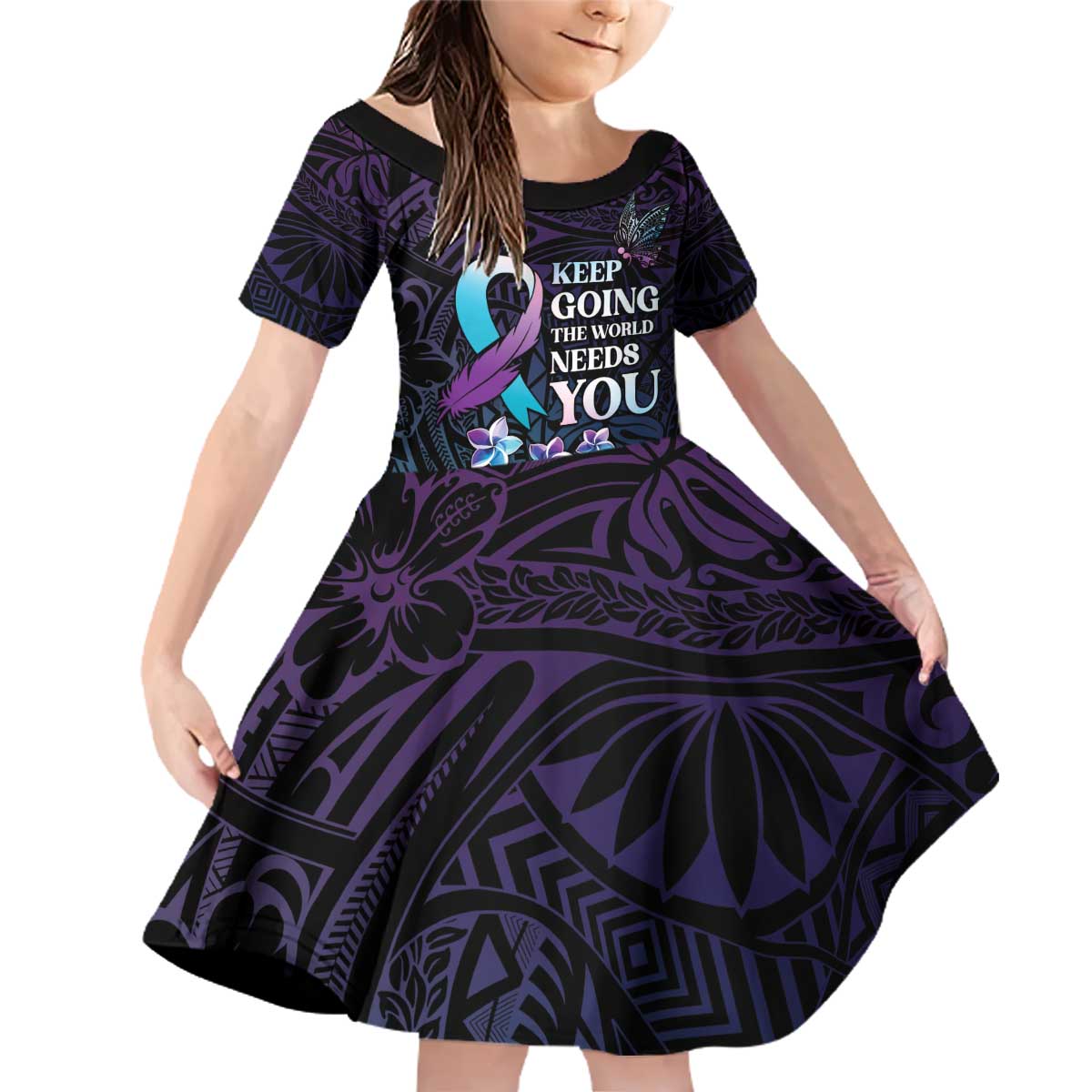Polynesia Suicide Prevention Awareness Family Matching Off Shoulder Short Dress and Hawaiian Shirt Keep Going The World Needs You LT05 Daughter's Dress Purple - Polynesian Pride