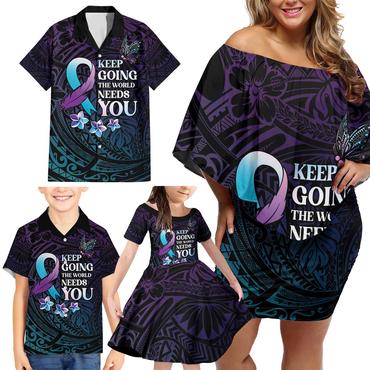 Polynesia Suicide Prevention Awareness Family Matching Off Shoulder Short Dress and Hawaiian Shirt Keep Going The World Needs You