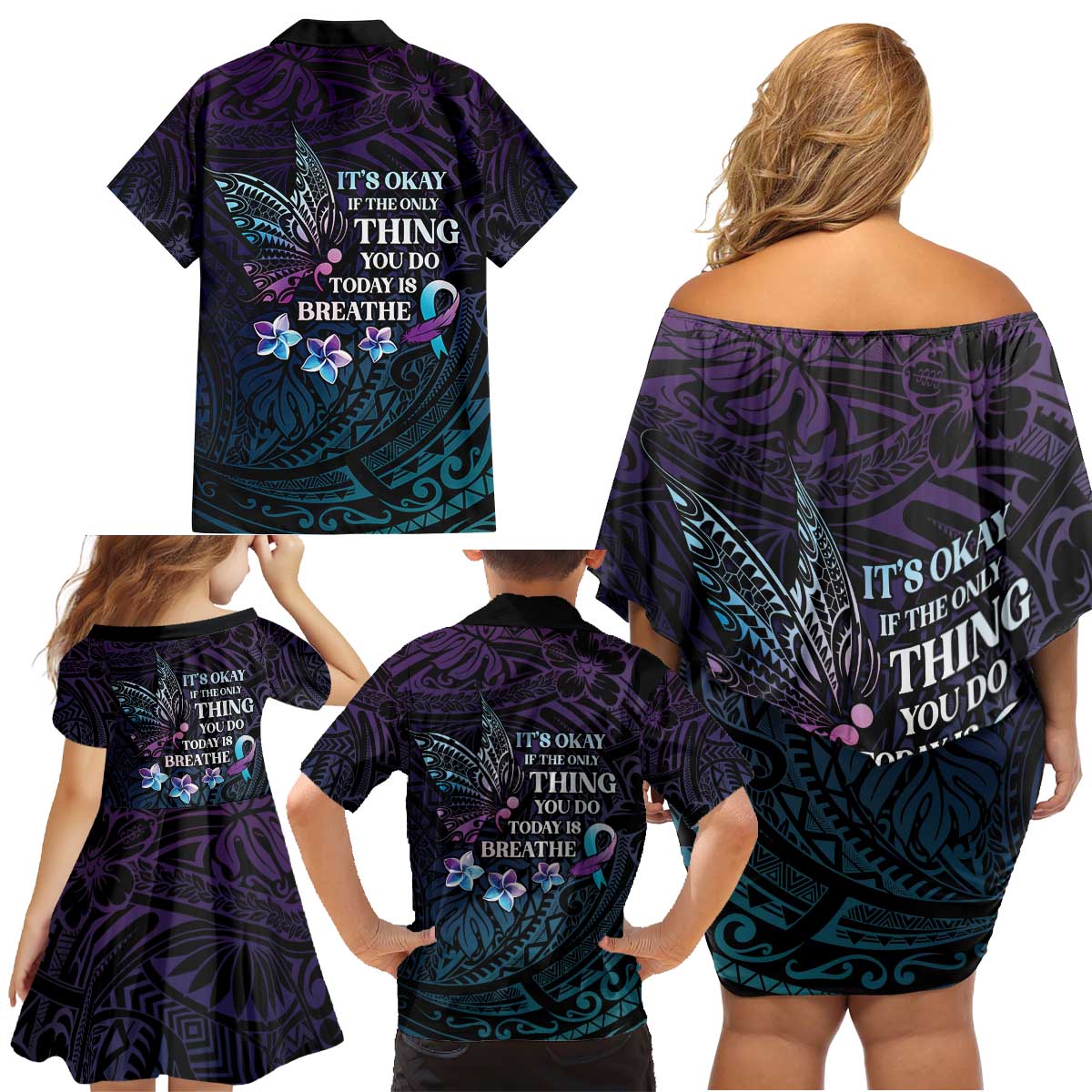 Polynesia Suicide Prevention Awareness Family Matching Off Shoulder Short Dress and Hawaiian Shirt Keep Going The World Needs You LT05 - Polynesian Pride