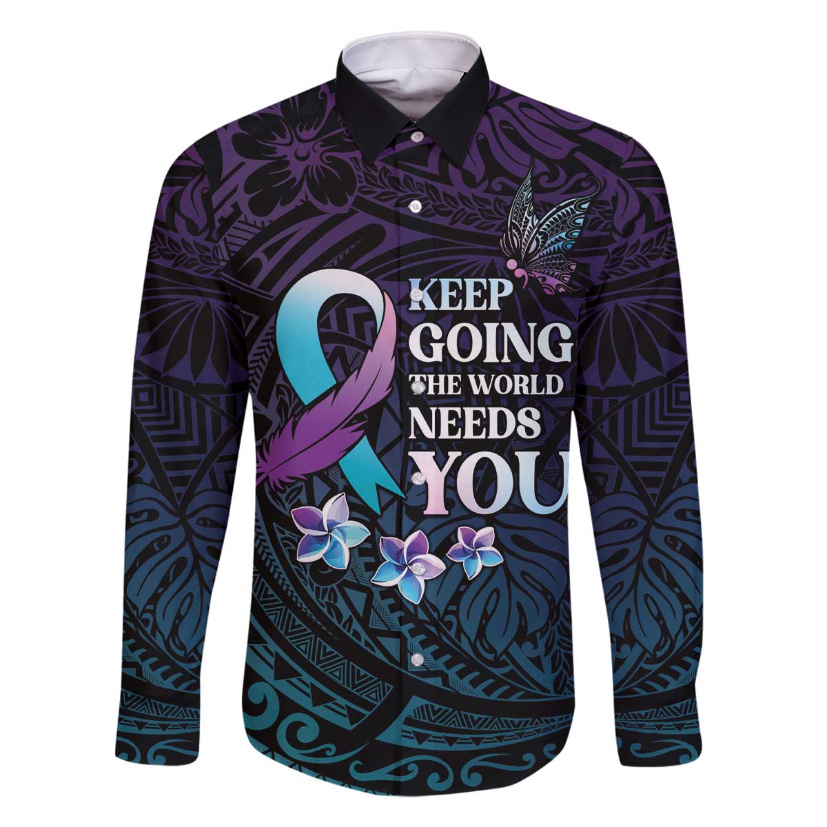 Polynesia Suicide Prevention Awareness Family Matching Off Shoulder Short Dress and Hawaiian Shirt Keep Going The World Needs You LT05 Dad's Shirt - Long Sleeve Purple - Polynesian Pride