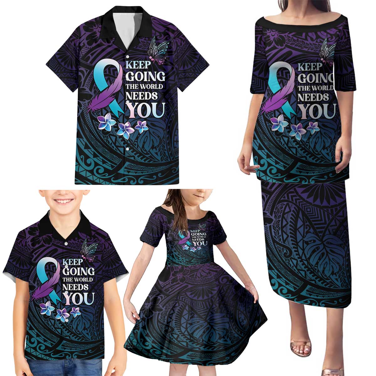 Polynesia Suicide Prevention Awareness Family Matching Puletasi and Hawaiian Shirt Keep Going The World Needs You LT05 - Polynesian Pride