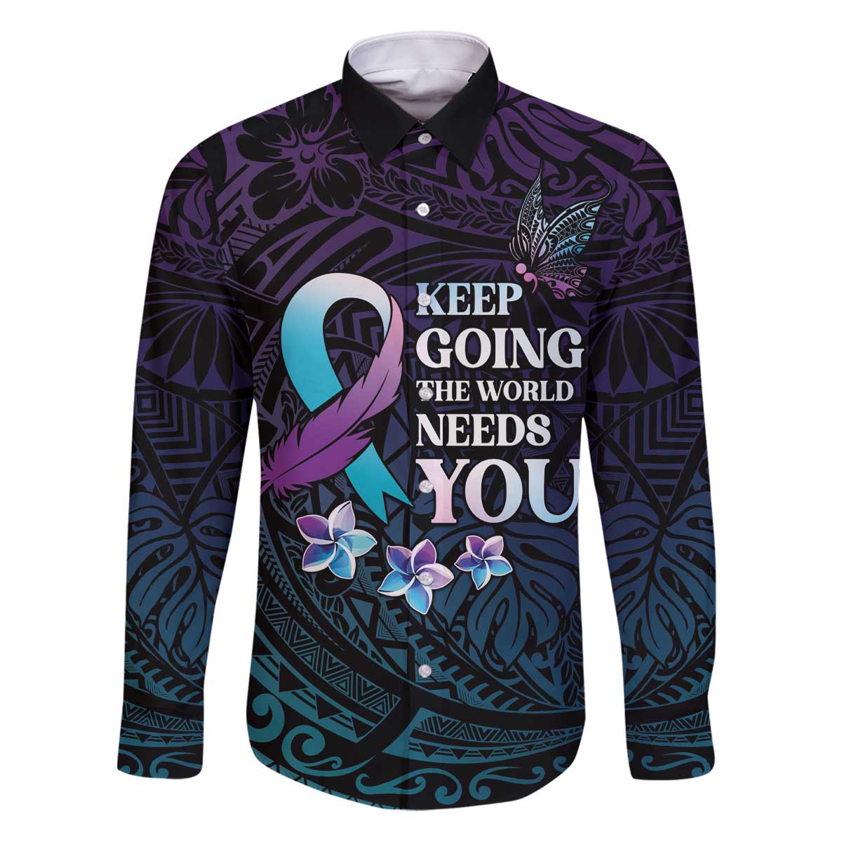 Polynesia Suicide Prevention Awareness Family Matching Puletasi and Hawaiian Shirt Keep Going The World Needs You LT05 Dad's Shirt - Long Sleeve Purple - Polynesian Pride
