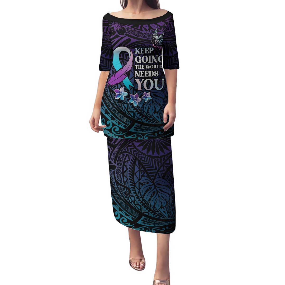 Polynesia Suicide Prevention Awareness Family Matching Puletasi and Hawaiian Shirt Keep Going The World Needs You LT05 Mom's Dress Purple - Polynesian Pride