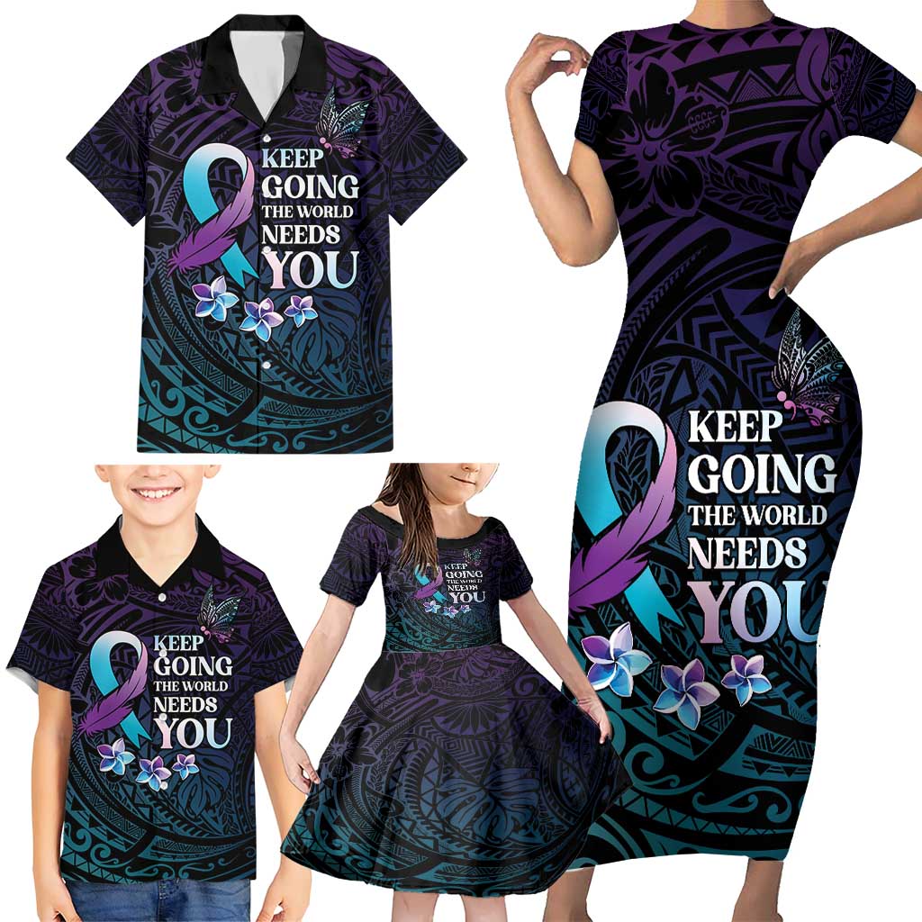 Polynesia Suicide Prevention Awareness Family Matching Short Sleeve Bodycon Dress and Hawaiian Shirt Keep Going The World Needs You