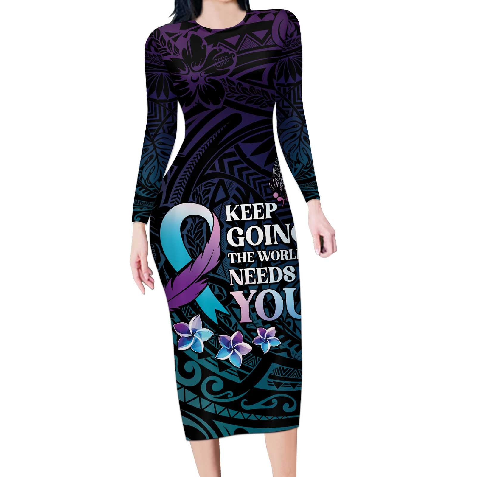 Polynesia Suicide Prevention Awareness Long Sleeve Bodycon Dress Keep Going The World Needs You