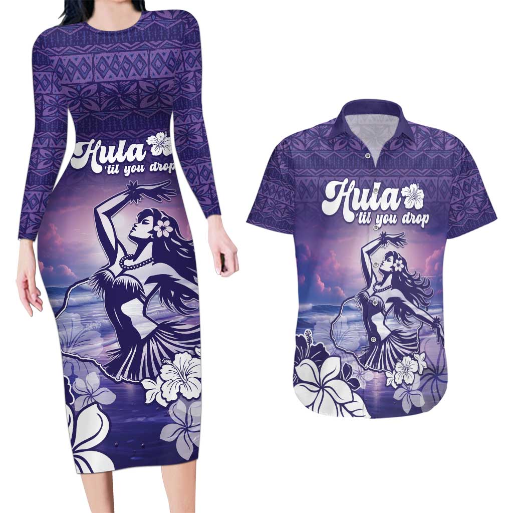 Aloha Hawaii Kauai Island Couples Matching Long Sleeve Bodycon Dress and Hawaiian Shirt Hula Till You Drop