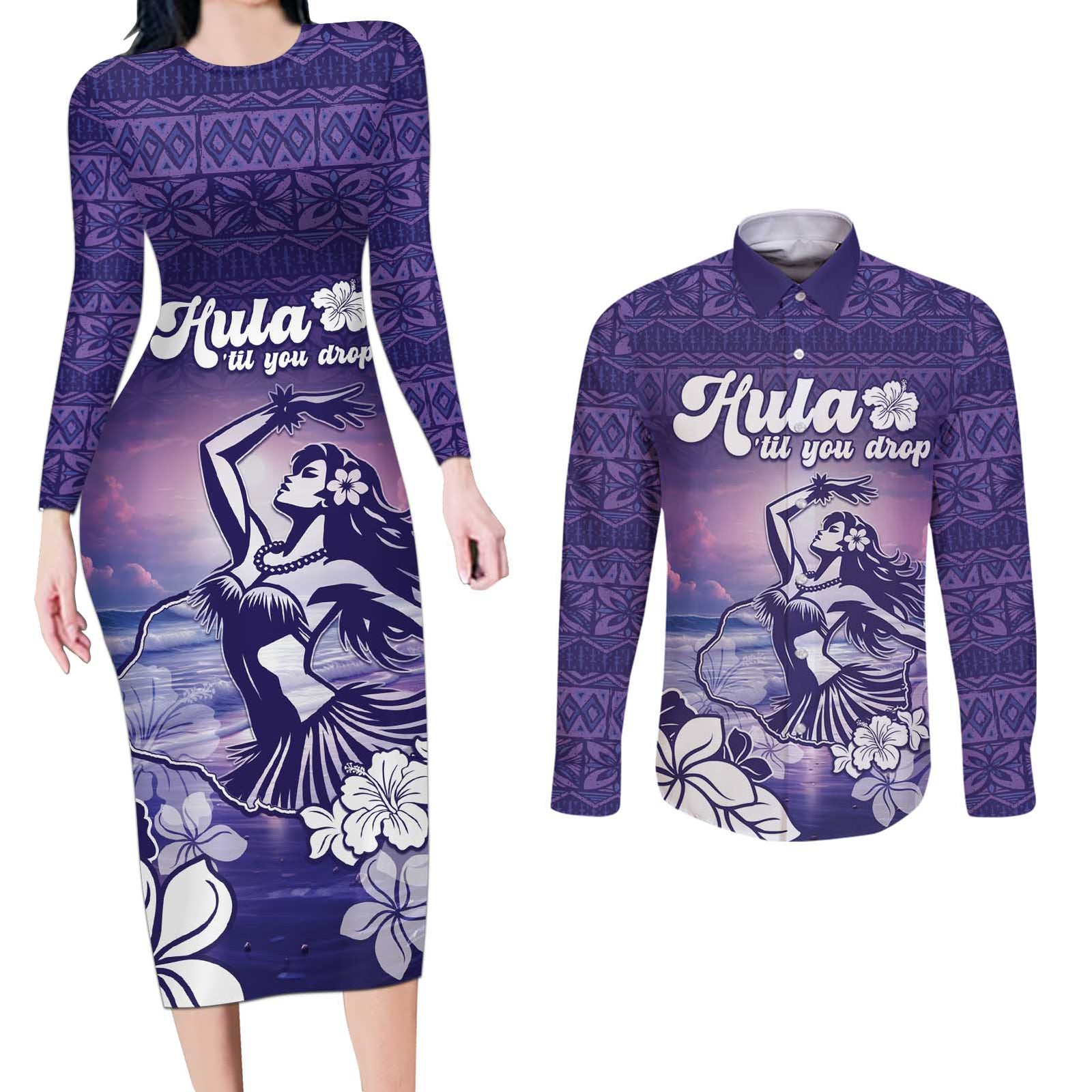 Aloha Hawaii Kauai Island Couples Matching Long Sleeve Bodycon Dress and Long Sleeve Button Shirt Hula Till You Drop LT05 Purple - Polynesian Pride