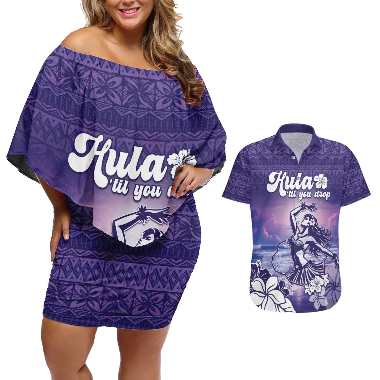 Aloha Hawaii Kauai Island Couples Matching Off Shoulder Short Dress and Hawaiian Shirt Hula Till You Drop LT05 Purple - Polynesian Pride