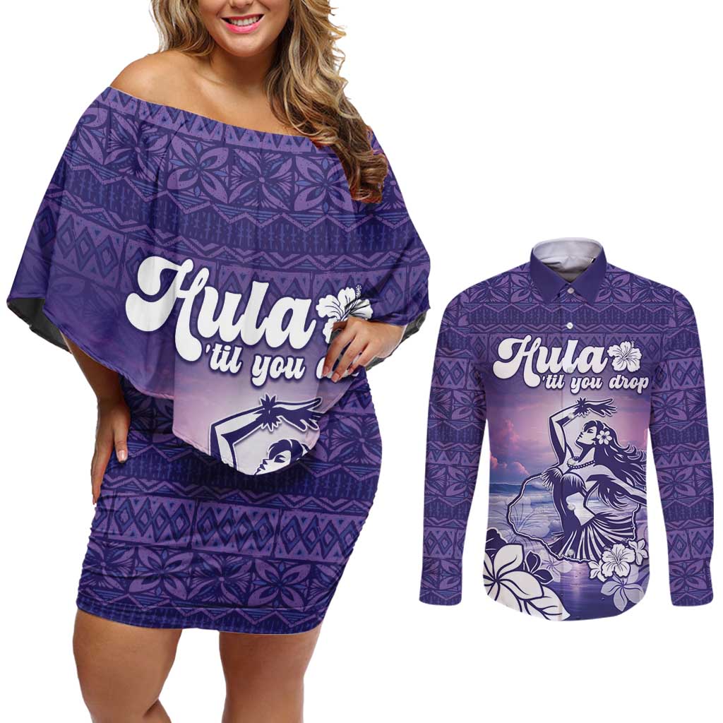 Aloha Hawaii Kauai Island Couples Matching Off Shoulder Short Dress and Long Sleeve Button Shirt Hula Till You Drop LT05 Purple - Polynesian Pride