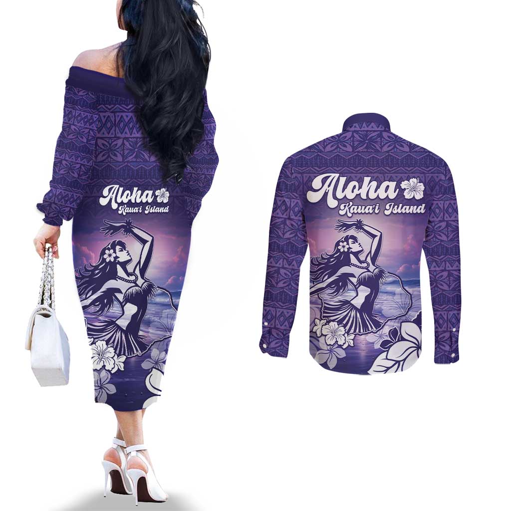 Aloha Hawaii Kauai Island Couples Matching Off The Shoulder Long Sleeve Dress and Long Sleeve Button Shirt Hula Till You Drop