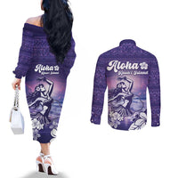 Aloha Hawaii Kauai Island Couples Matching Off The Shoulder Long Sleeve Dress and Long Sleeve Button Shirt Hula Till You Drop