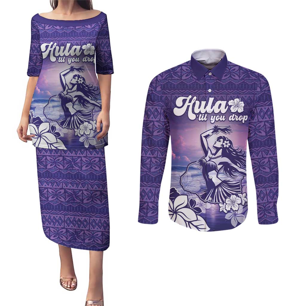 Aloha Hawaii Kauai Island Couples Matching Puletasi and Long Sleeve Button Shirt Hula Till You Drop LT05 Purple - Polynesian Pride