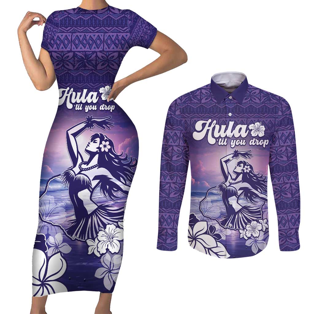 Aloha Hawaii Kauai Island Couples Matching Short Sleeve Bodycon Dress and Long Sleeve Button Shirt Hula Till You Drop LT05 Purple - Polynesian Pride