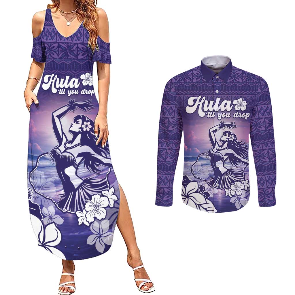 Aloha Hawaii Kauai Island Couples Matching Summer Maxi Dress and Long Sleeve Button Shirt Hula Till You Drop LT05 Purple - Polynesian Pride