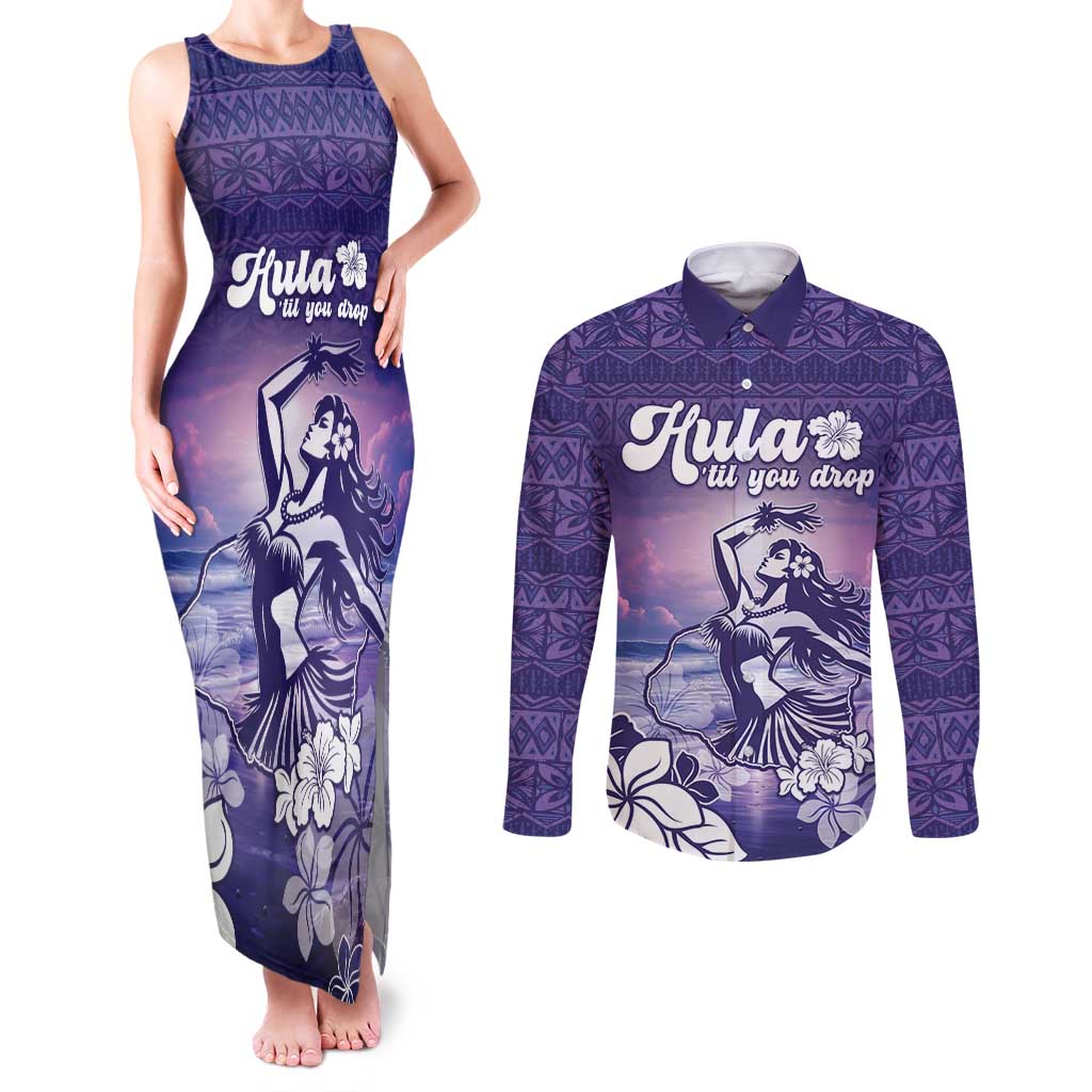 Aloha Hawaii Kauai Island Couples Matching Tank Maxi Dress and Long Sleeve Button Shirt Hula Till You Drop LT05 Purple - Polynesian Pride