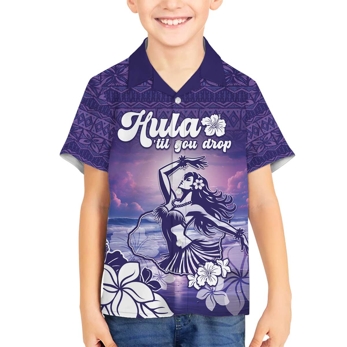 Aloha Hawaii Kauai Island Family Matching Off Shoulder Short Dress and Hawaiian Shirt Hula Till You Drop LT05 Son's Shirt Purple - Polynesian Pride