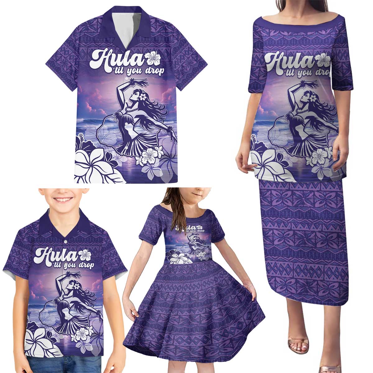 Aloha Hawaii Kauai Island Family Matching Puletasi and Hawaiian Shirt Hula Till You Drop