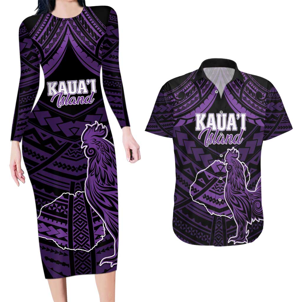 Personalised Hawaii Kauai Island Couples Matching Long Sleeve Bodycon Dress and Hawaiian Shirt Rooster Tribal Tattoo Simple Style