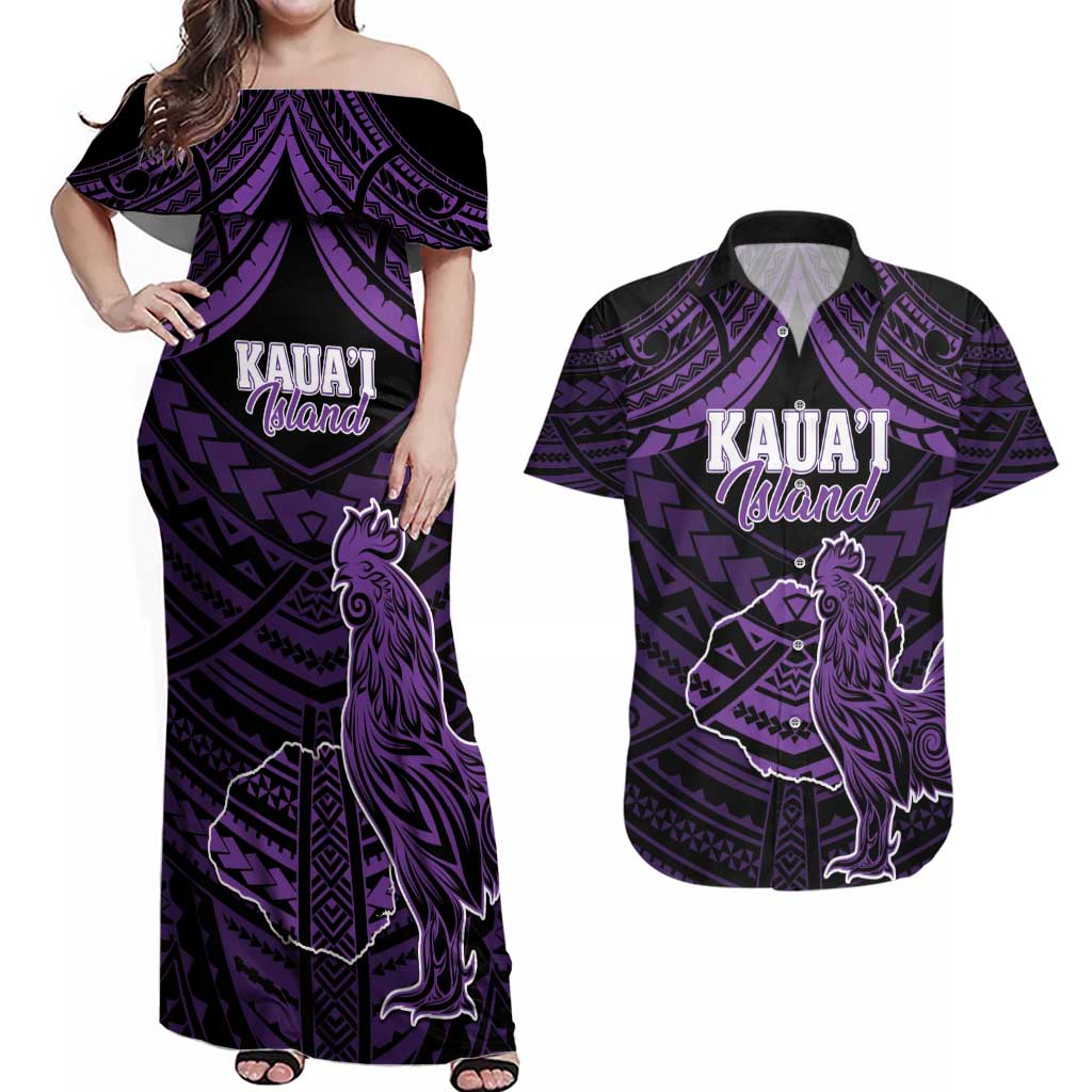 Personalised Hawaii Kauai Island Couples Matching Off Shoulder Maxi Dress and Hawaiian Shirt Rooster Tribal Tattoo Simple Style