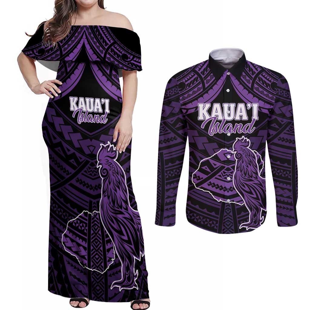 Personalised Hawaii Kauai Island Couples Matching Off Shoulder Maxi Dress and Long Sleeve Button Shirt Rooster Tribal Tattoo Simple Style LT05 Purple - Polynesian Pride