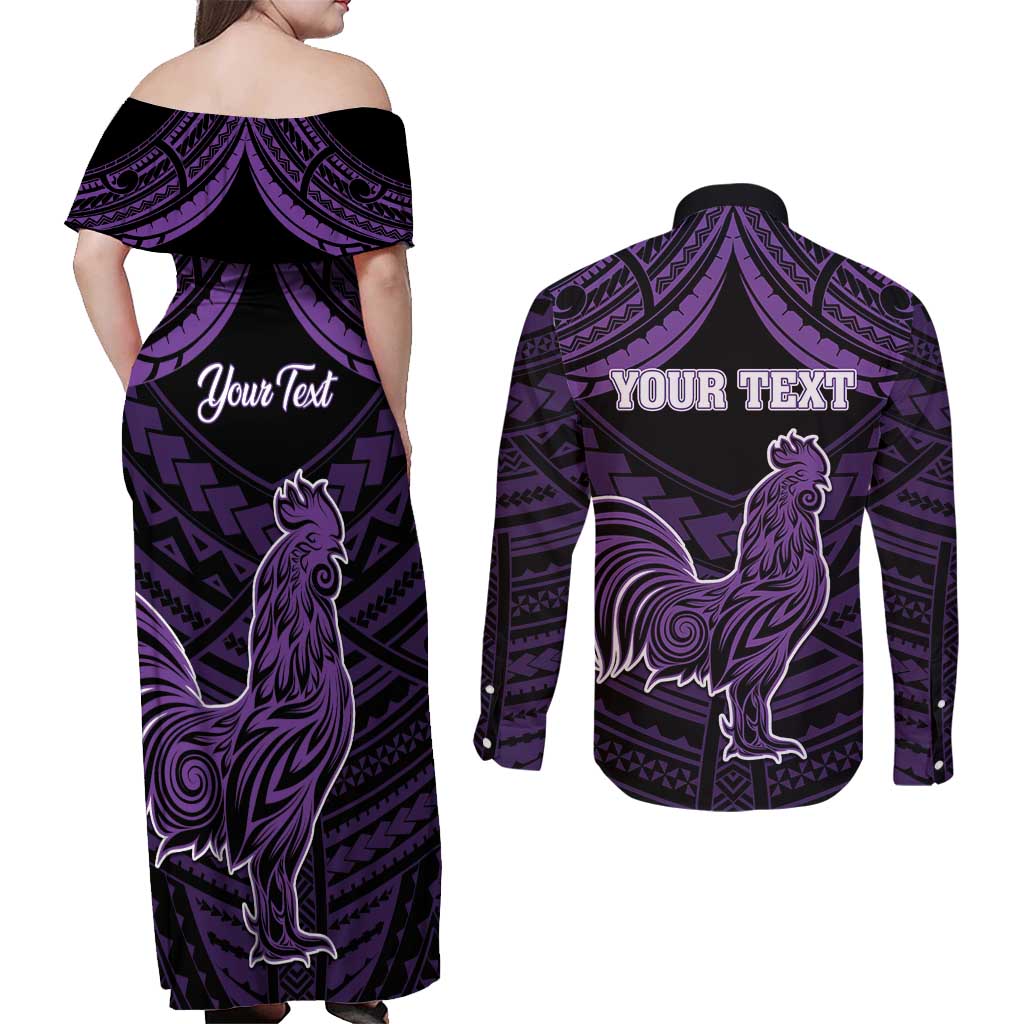 Personalised Hawaii Kauai Island Couples Matching Off Shoulder Maxi Dress and Long Sleeve Button Shirt Rooster Tribal Tattoo Simple Style