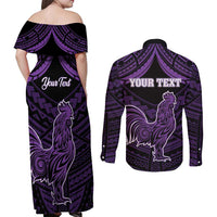 Personalised Hawaii Kauai Island Couples Matching Off Shoulder Maxi Dress and Long Sleeve Button Shirt Rooster Tribal Tattoo Simple Style