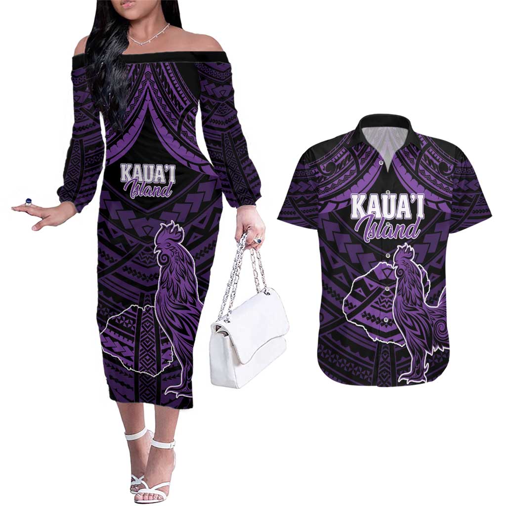 Personalised Hawaii Kauai Island Couples Matching Off The Shoulder Long Sleeve Dress and Hawaiian Shirt Rooster Tribal Tattoo Simple Style