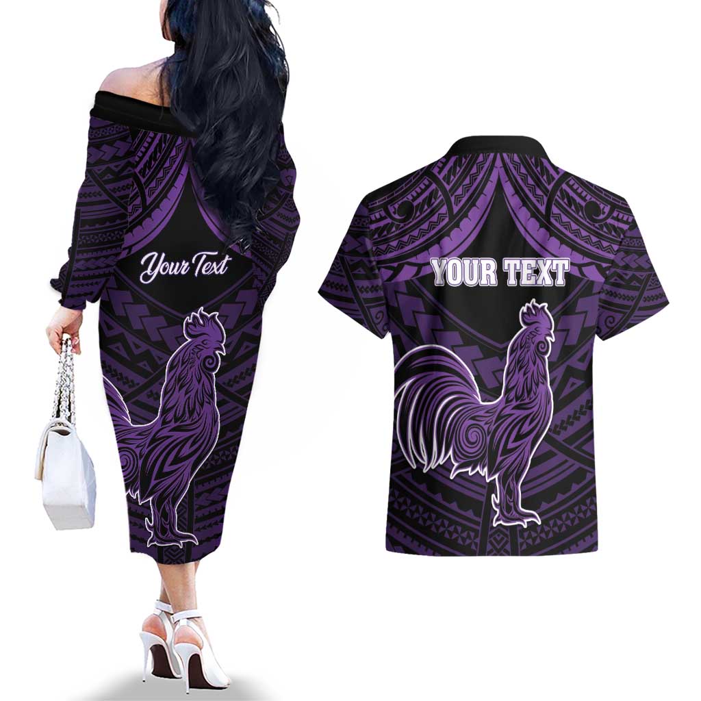 Personalised Hawaii Kauai Island Couples Matching Off The Shoulder Long Sleeve Dress and Hawaiian Shirt Rooster Tribal Tattoo Simple Style