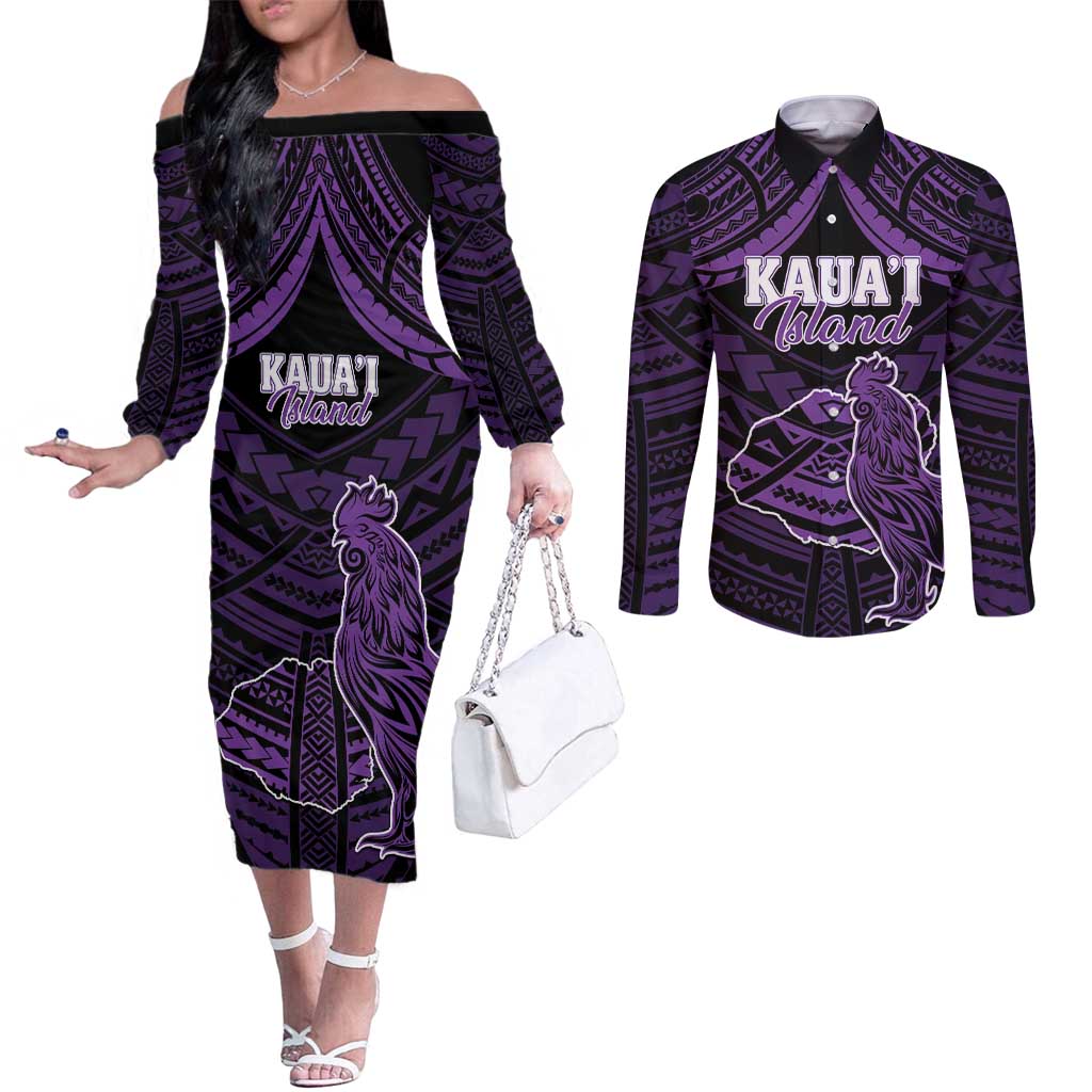 Personalised Hawaii Kauai Island Couples Matching Off The Shoulder Long Sleeve Dress and Long Sleeve Button Shirt Rooster Tribal Tattoo Simple Style LT05 Purple - Polynesian Pride