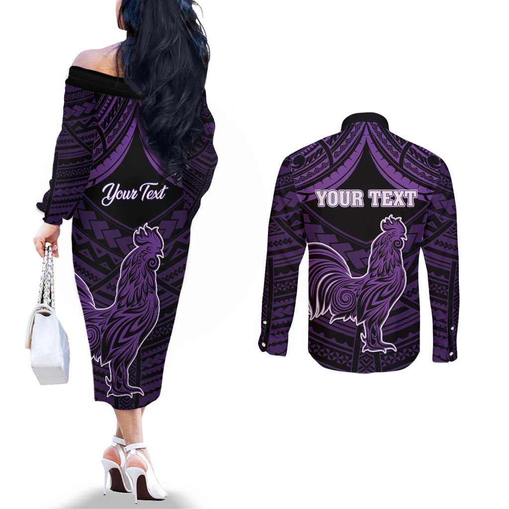 Personalised Hawaii Kauai Island Couples Matching Off The Shoulder Long Sleeve Dress and Long Sleeve Button Shirt Rooster Tribal Tattoo Simple Style