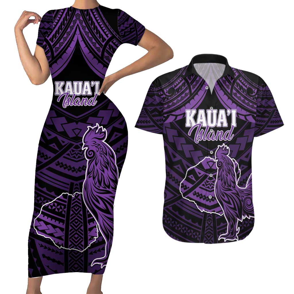 Personalised Hawaii Kauai Island Couples Matching Short Sleeve Bodycon Dress and Hawaiian Shirt Rooster Tribal Tattoo Simple Style