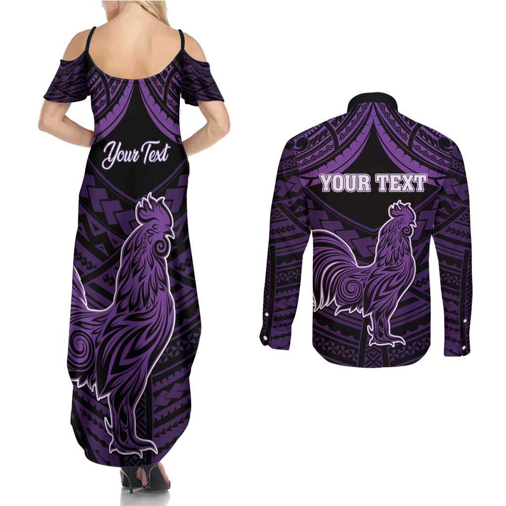 Personalised Hawaii Kauai Island Couples Matching Summer Maxi Dress and Long Sleeve Button Shirt Rooster Tribal Tattoo Simple Style