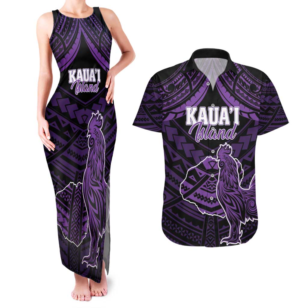 Personalised Hawaii Kauai Island Couples Matching Tank Maxi Dress and Hawaiian Shirt Rooster Tribal Tattoo Simple Style LT05 Purple - Polynesian Pride