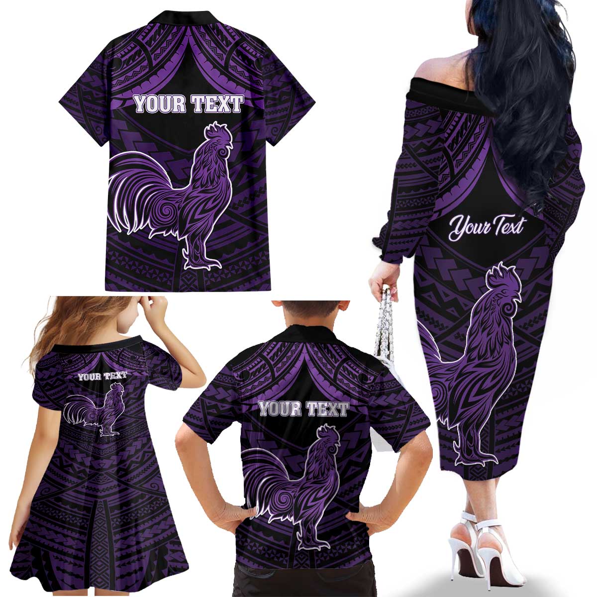Personalised Hawaii Kauai Island Family Matching Off The Shoulder Long Sleeve Dress and Hawaiian Shirt Rooster Tribal Tattoo Simple Style