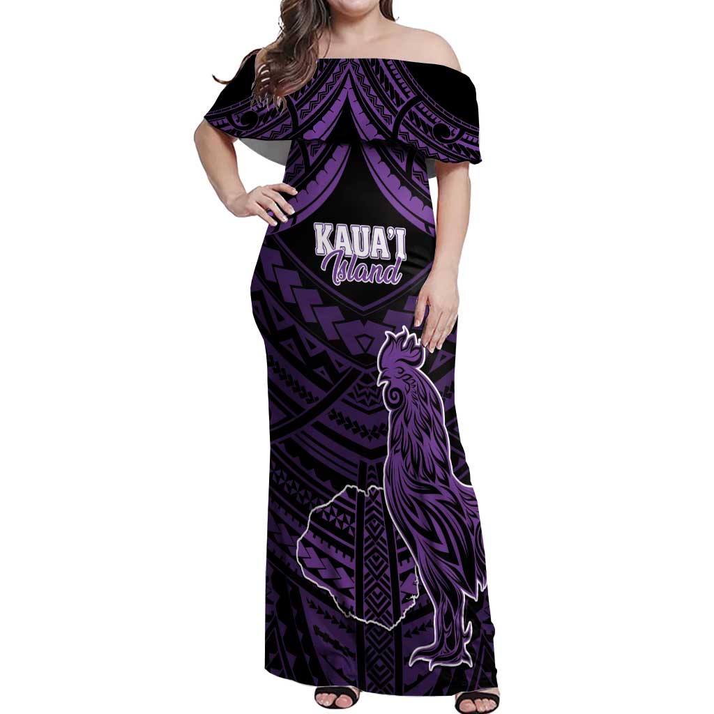 Personalised Hawaii Kauai Island Off Shoulder Maxi Dress Rooster Tribal Tattoo Simple Style LT05 Women Purple - Polynesian Pride