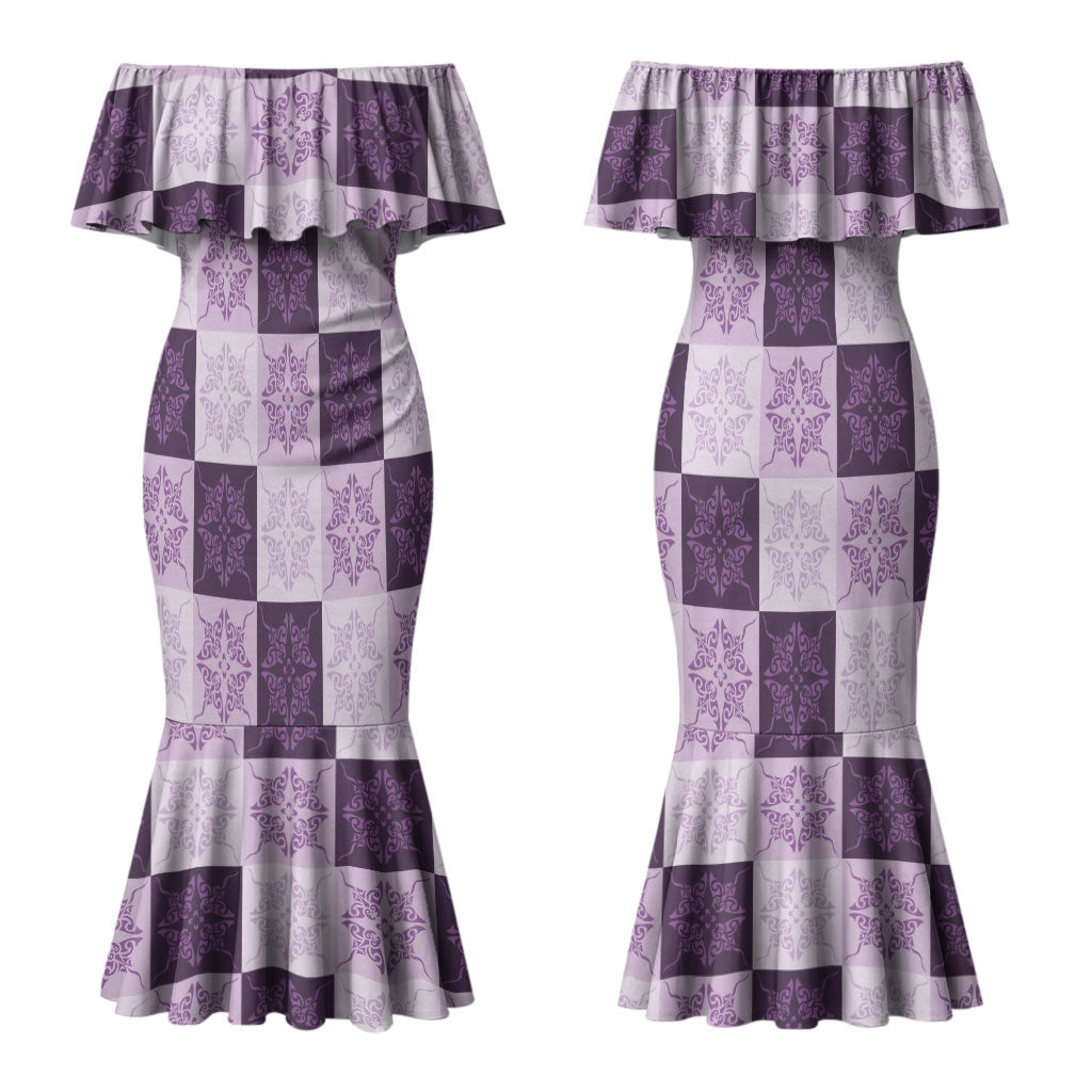 Lavender Manta Ray Hawaiian Quilt Motif Couples Matching Mermaid Dress and Long Sleeve Button Shirt