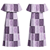 Lavender Manta Ray Hawaiian Quilt Motif Couples Matching Off Shoulder Maxi Dress and Hawaiian Shirt
