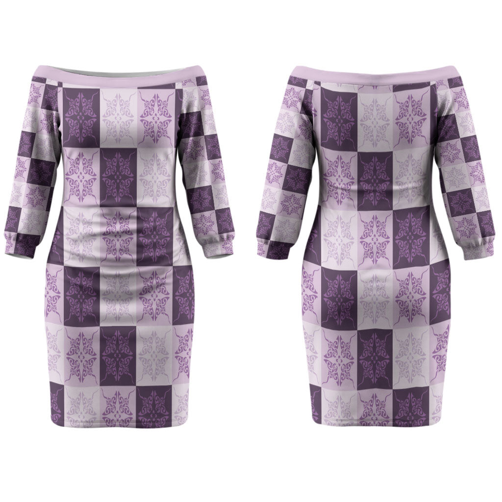 Lavender Manta Ray Hawaiian Quilt Motif Couples Matching Off The Shoulder Long Sleeve Dress and Hawaiian Shirt