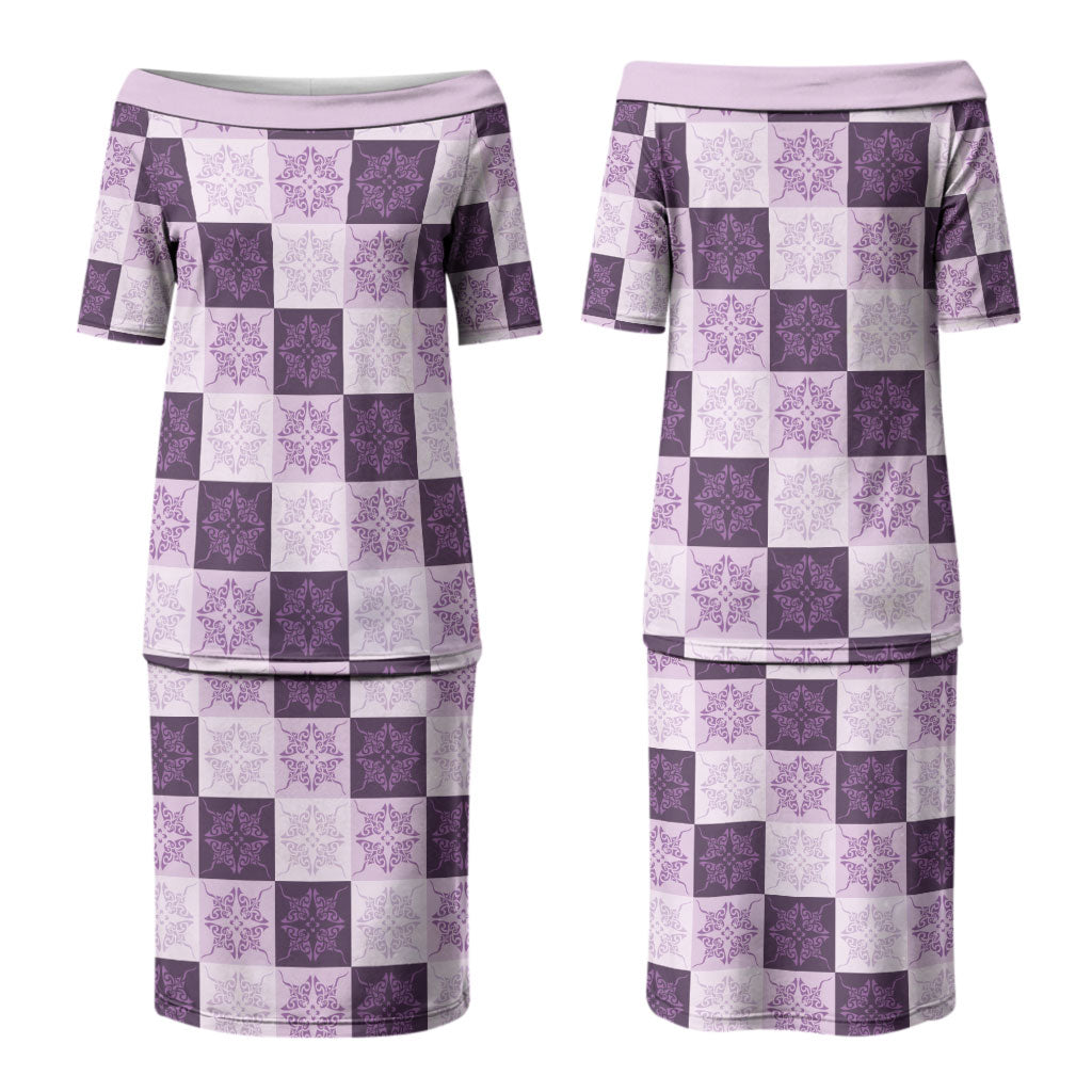 Lavender Manta Ray Hawaiian Quilt Motif Couples Matching Puletasi and Long Sleeve Button Shirt