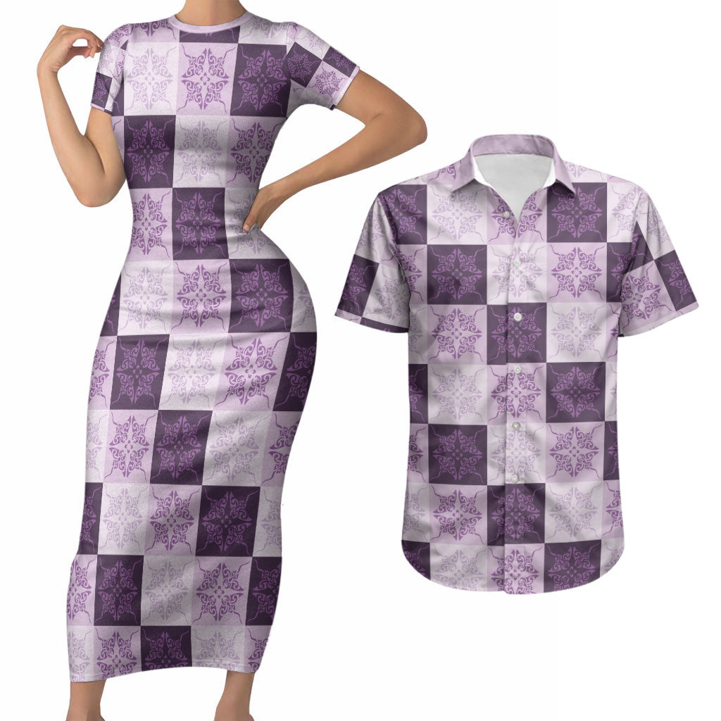Lavender Manta Ray Hawaiian Quilt Motif Couples Matching Short Sleeve Bodycon Dress and Hawaiian Shirt