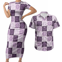 Lavender Manta Ray Hawaiian Quilt Motif Couples Matching Short Sleeve Bodycon Dress and Hawaiian Shirt
