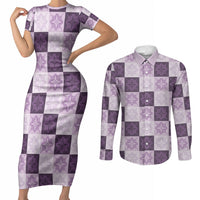 Lavender Manta Ray Hawaiian Quilt Motif Couples Matching Short Sleeve Bodycon Dress and Long Sleeve Button Shirt