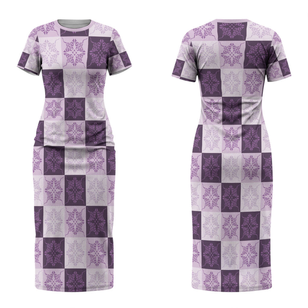 Lavender Manta Ray Hawaiian Quilt Motif Couples Matching Short Sleeve Bodycon Dress and Long Sleeve Button Shirt